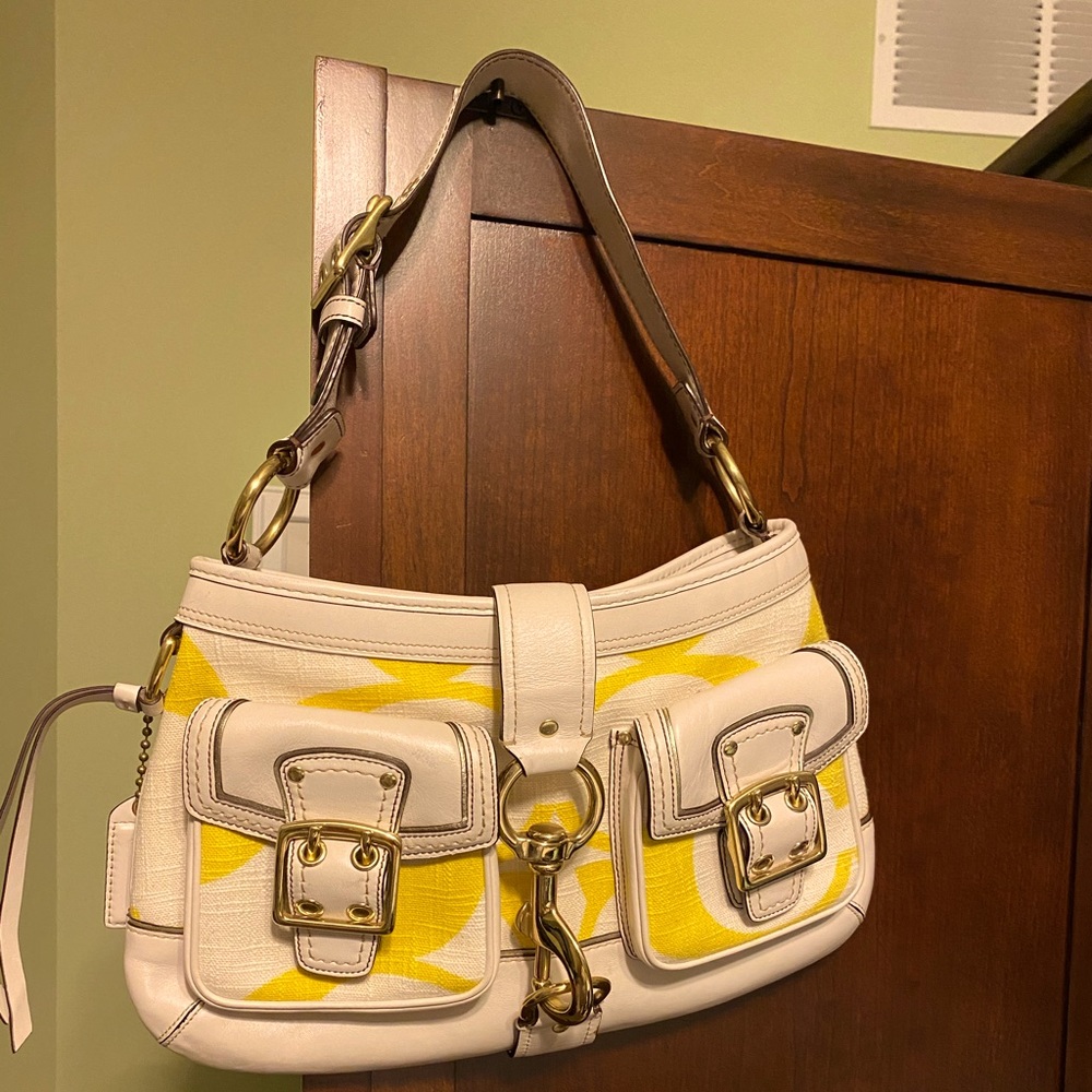 Coach yellow and white canvas and leather bag